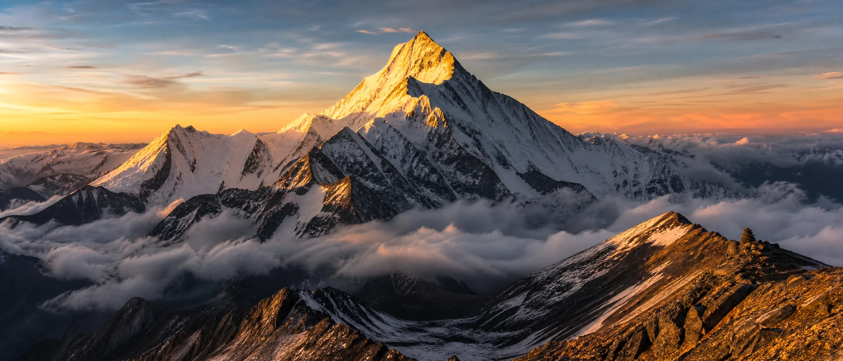 壮丽的雪山日出全景，金色阳光照耀山巅